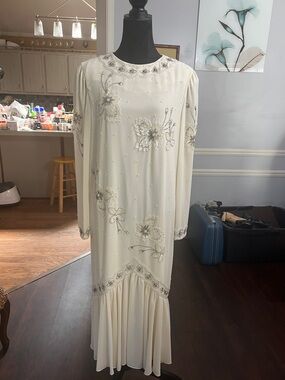 Elegant Ivory Beaded Floral Maxi Dress
